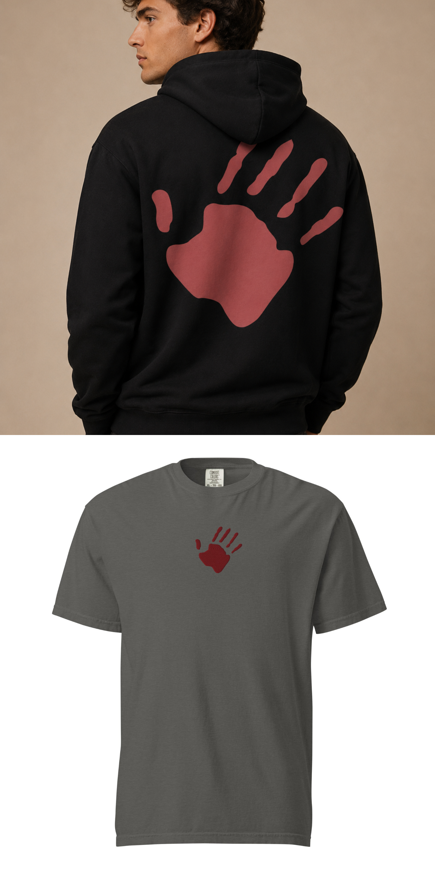 The Red Hand Heritage Bundle — The Red Hand Hoodie and The Embroidered Red Hand Tee shown together