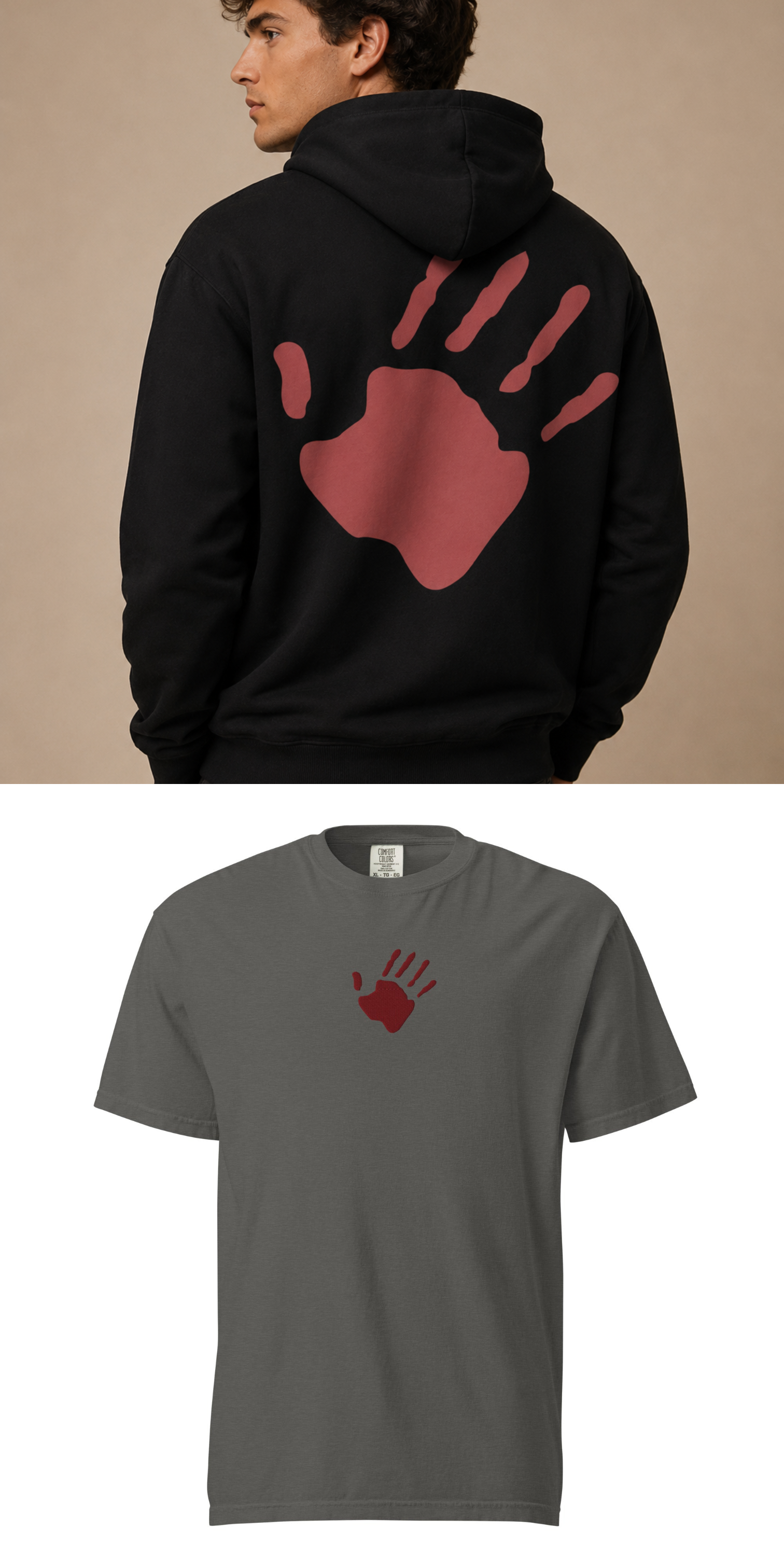 The Red Hand Heritage Bundle — The Red Hand Hoodie and The Embroidered Red Hand Tee shown together