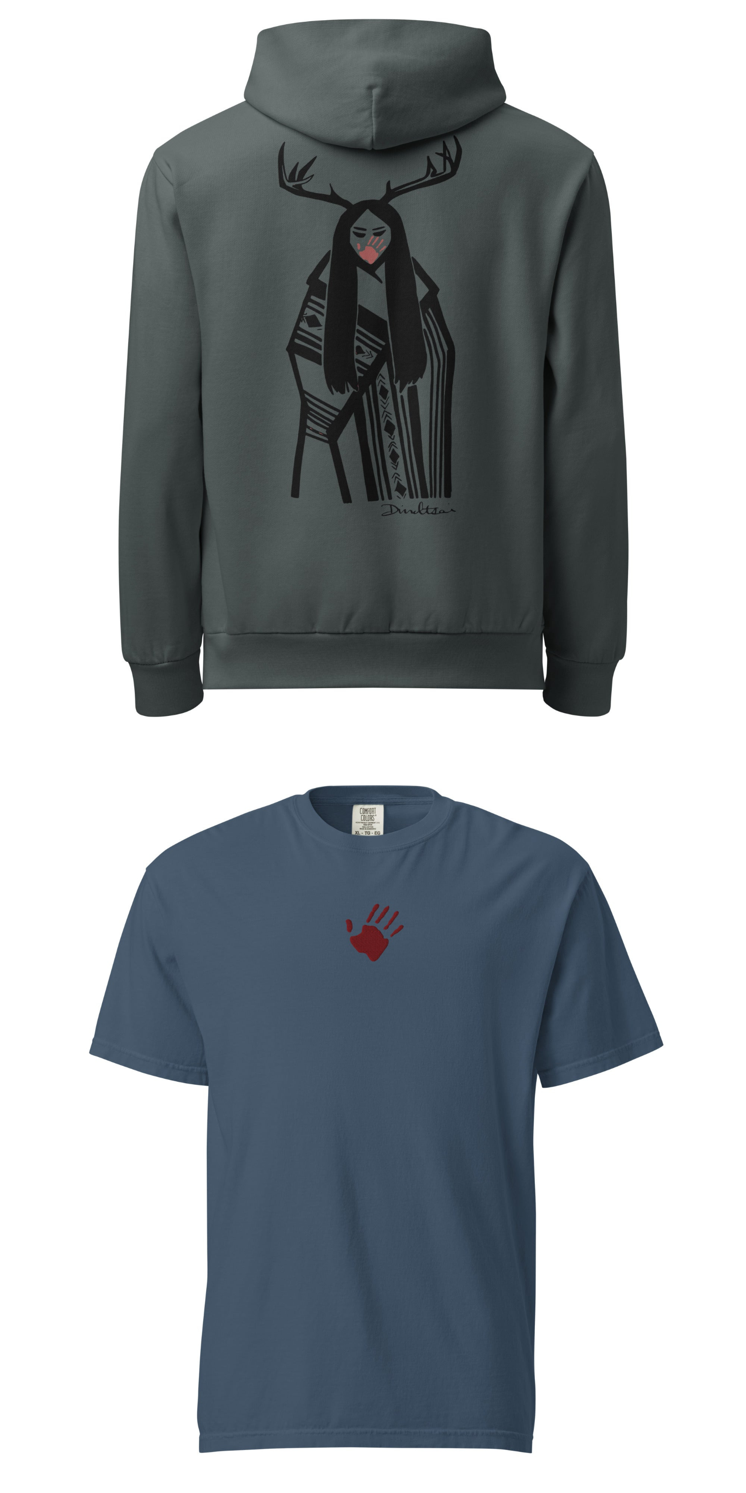 Deer Woman Drop Bundle — the Limited Red Hand Deer Woman Hoodie and the Embroidered Red Hand Deer Woman Tee shown together