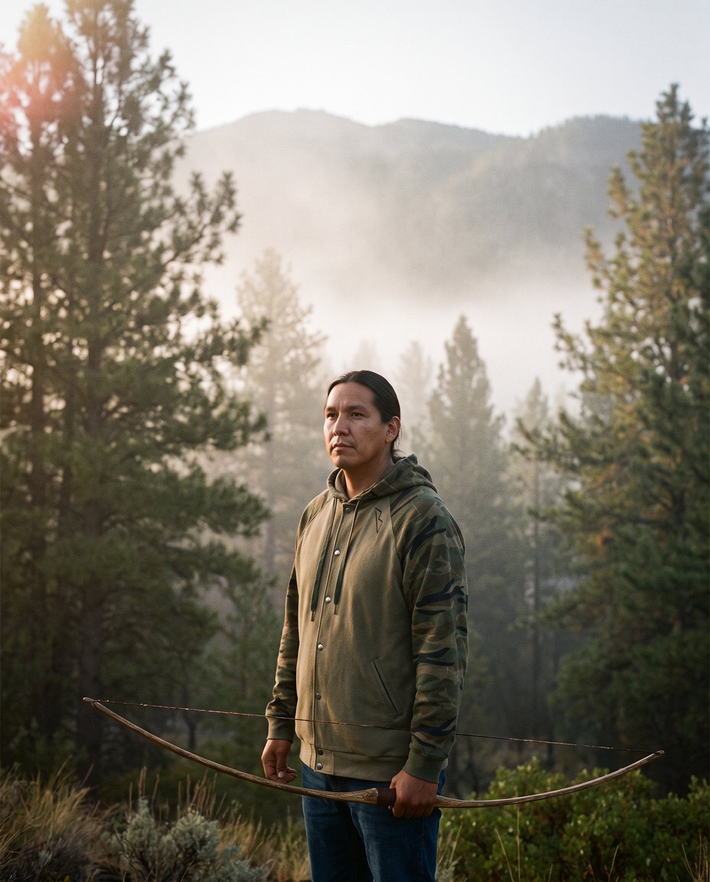 Navajo Bow camo-splice raglan hoodie worn at the edge of the timber at first light, 35mm film